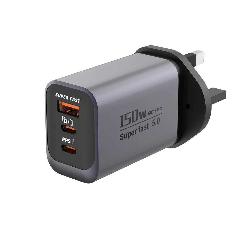 150W Multi-Port Smart Charger: Fast Charging Plug with 2 PD and 1 USB Port.