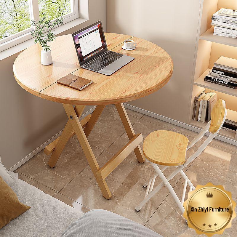 Compact Round Folding Dining Table: Portable Wooden Multi-functional for Small Spaces and Outdoor Use.