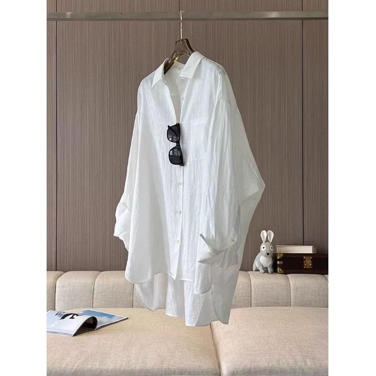 Women's White Long-Sleeve Sun Protection Shirt, Spring/Summer Loose Polo Collar Cardigan