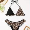 2025 Leopard Print Color Block Bikini with Chest Pad & Lace-Up, 3-Piece Swimsuit Set