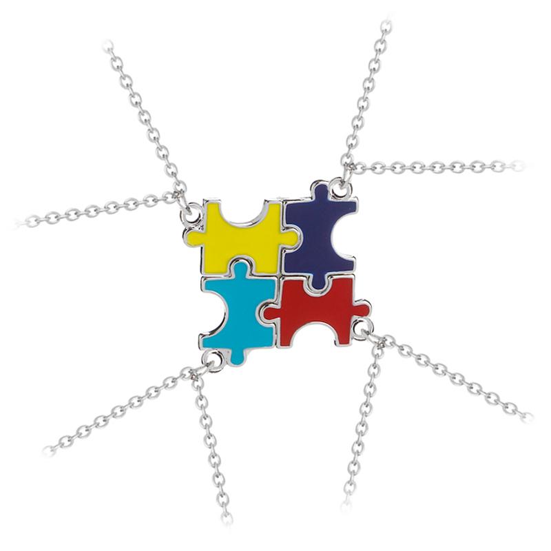 

BFF 4 Pcs Puzzle Pendant Necklace Set Aqua Blue Yellow Red Enamel Choker Chain For Girls Bestie Best Friends Friendship Gift 50cm
