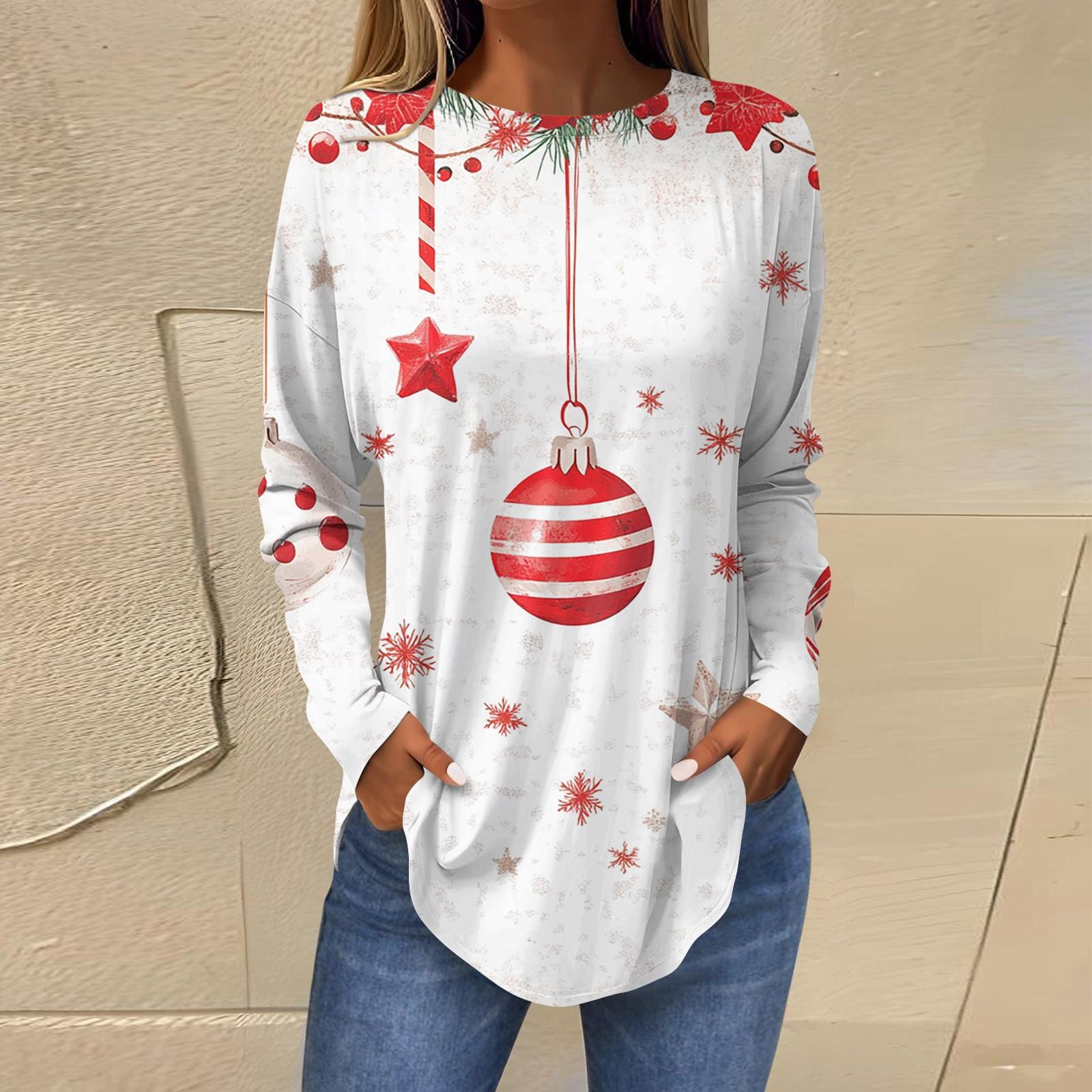 

Женская повседневная футболка больших размеров с длинными рукавами и круглым вырезом с рождественским принтом XL белый