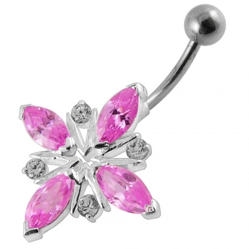 Blomma navelpiercing juvel i rosa kristall på silver och stål