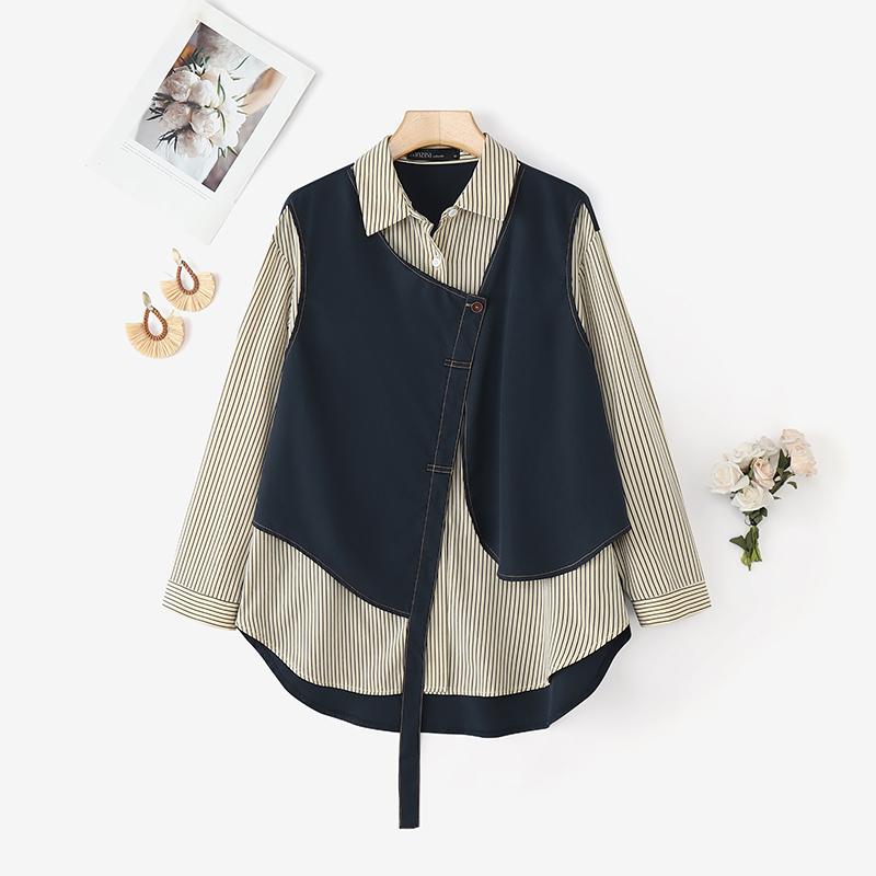 ZANZEA Women Casual Stripe Print Patchwork Loose Long Sleeve Blouse