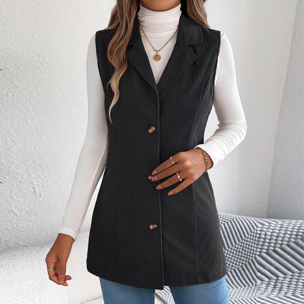Women's Fashionable Solid Color Sleeveless Lapel Button Vest Jacket