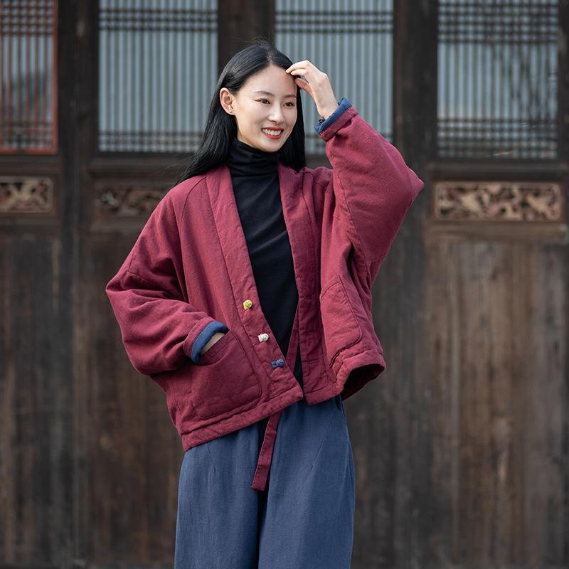 Winter New Cotton and Linen Women's Clothing Literary and Retro Disc-buckled Cotton-padded Top Women's Linen Warm Short Cotton-padded Clothes