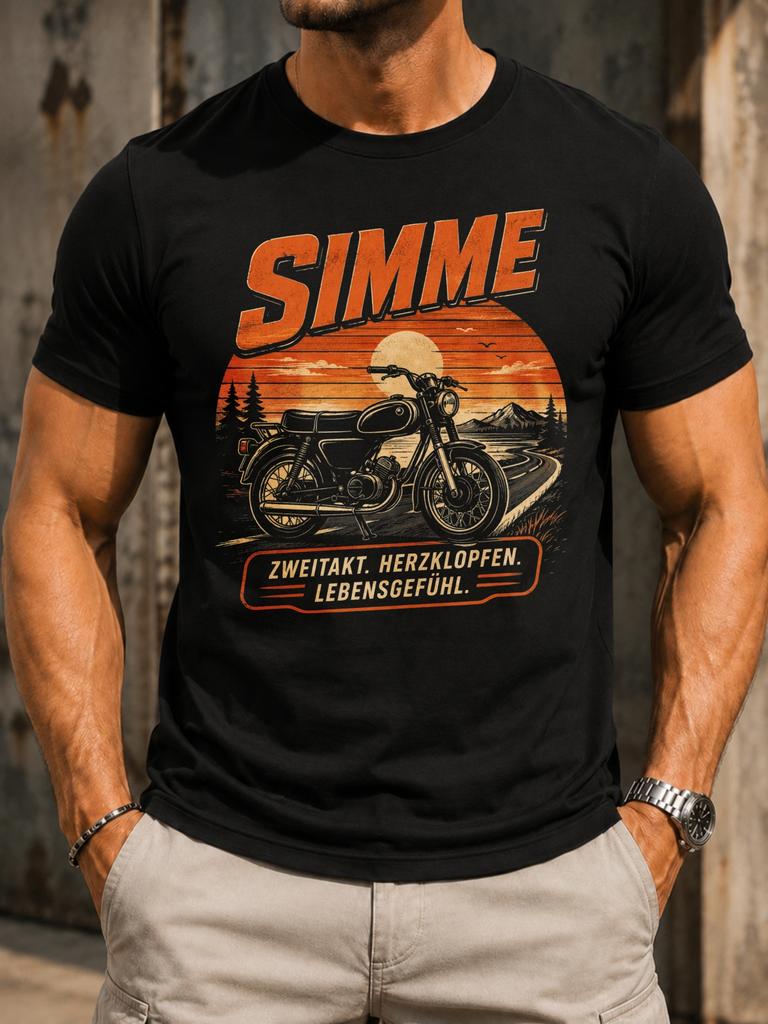 Simme Zweitakt Sunset Road Motorcycle Scene With Mountains And Birds Orange Vintage Travel Mood And Unisex All Tshirt