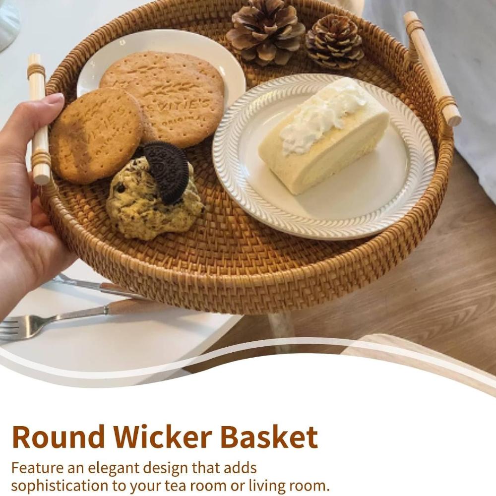 Rattan Food Serving Basket with Handles Hand Woven Bread Fruit Storage Tray Home Decorative Tray for Coffee Table Kitchen Dining