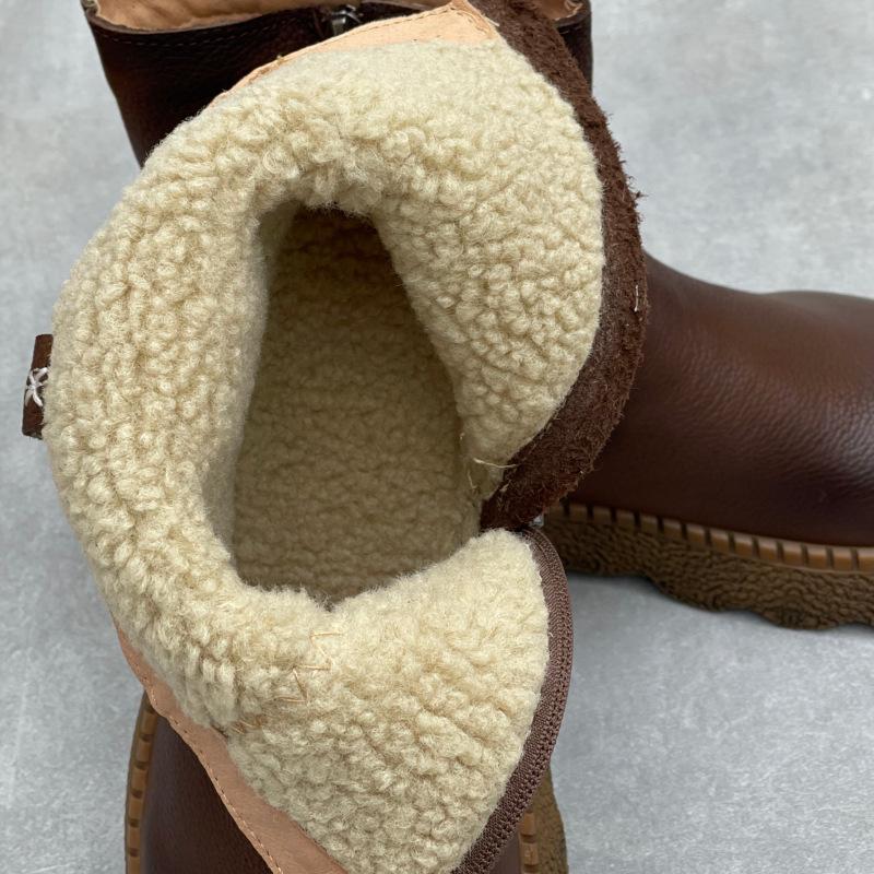 Johnature Botas Femininas Retro de Couro de Vaca Bico Redondo Quentes e de Sola Grossa Couro Genuíno Cano Médio