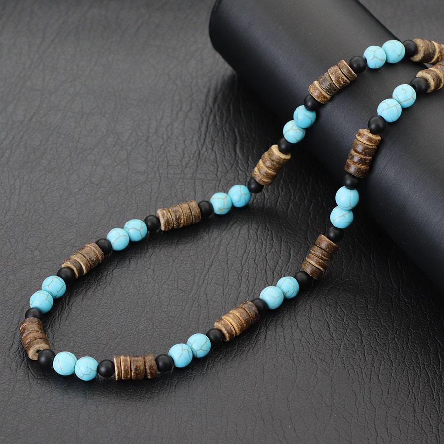

Handmade Men Natural Coconut Husk Wooden Necklace 18 Inches Choker Collar 8mm Lava Tiger Eyes Stone Healing Neck Accessories