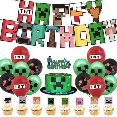 Na skladě: Nové narozeninové potřeby s tématikou Minecraftu, včetně papírových talířů, kelímků a vlaječek s pixely války.