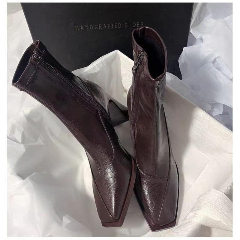 

Square Toe Block Heel Booties Stylish Paneled Leather Soft-Sole Non-Slip Pumps 40 коричневий