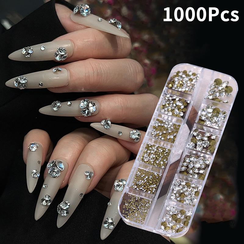 12 přihrádek Smíšené Mini Nehty Ostré Dno Super Třpytky Nail Art Dekorace Drahokamy Manikúra Tip 3D