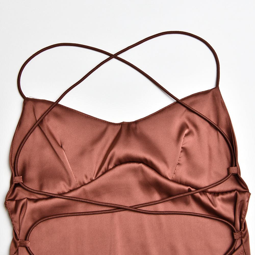 Women's Halter Satin Backless Strappy Waisted Long Dresses