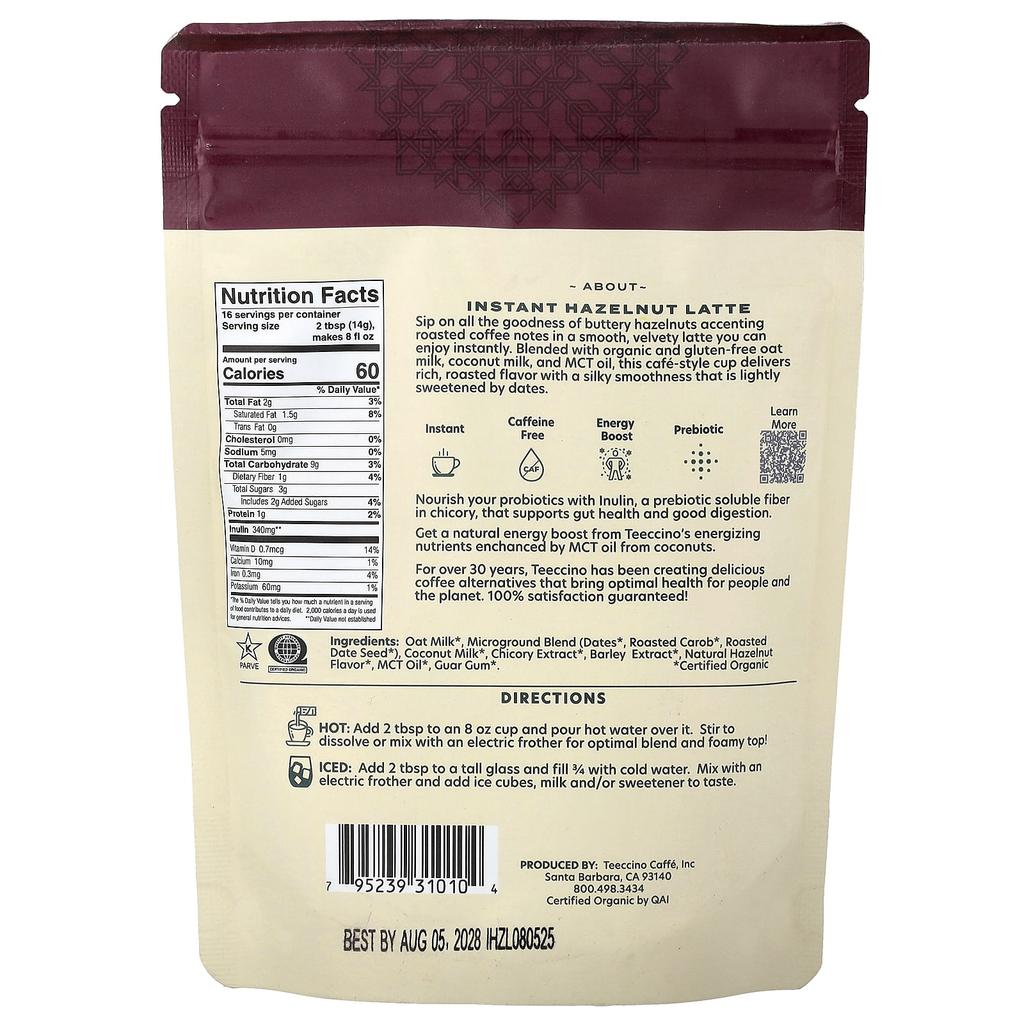 Teeccino Instant Herbal Latte, Hazelnut, Medium Roast, Caffeine Free, 7.9 Oz (224 G)