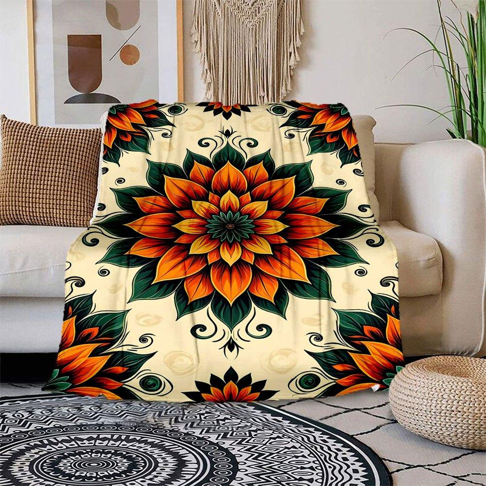 

Bohemian Floral Tapestry: Vibrant Orange & Green Decorative Wall Hanging Blanket Flannel Throw Blanket for Sofa, Bed, Travel, Camping, Offi 150x180cm