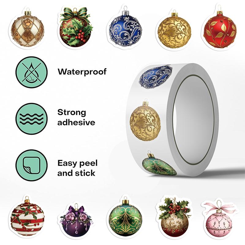 500PCS Christmas Stickers Roll Christmas Bell Round Stickers Christmas Ornament Roll Decals for Christmas Party Classroom Decor