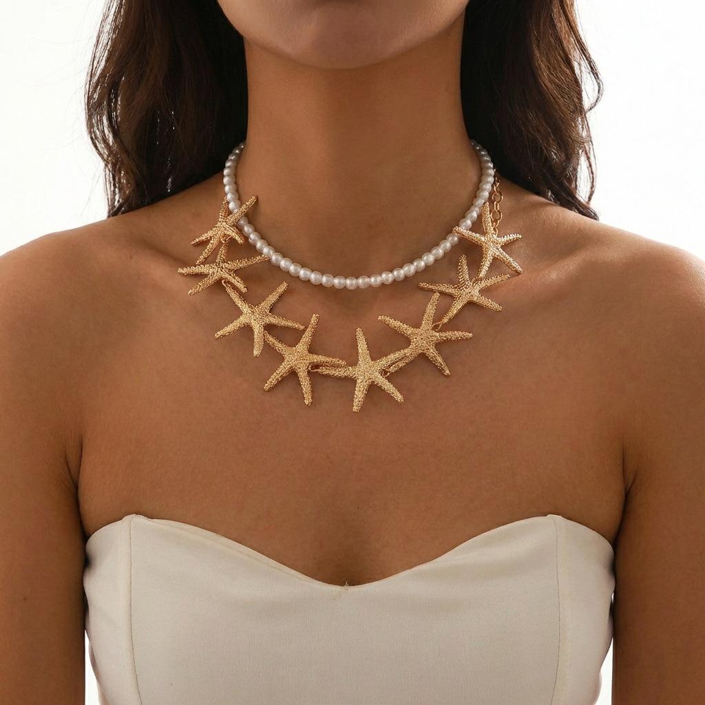 Винтажное двухслойное ожерелье с жемчугом и матовой морской звездой