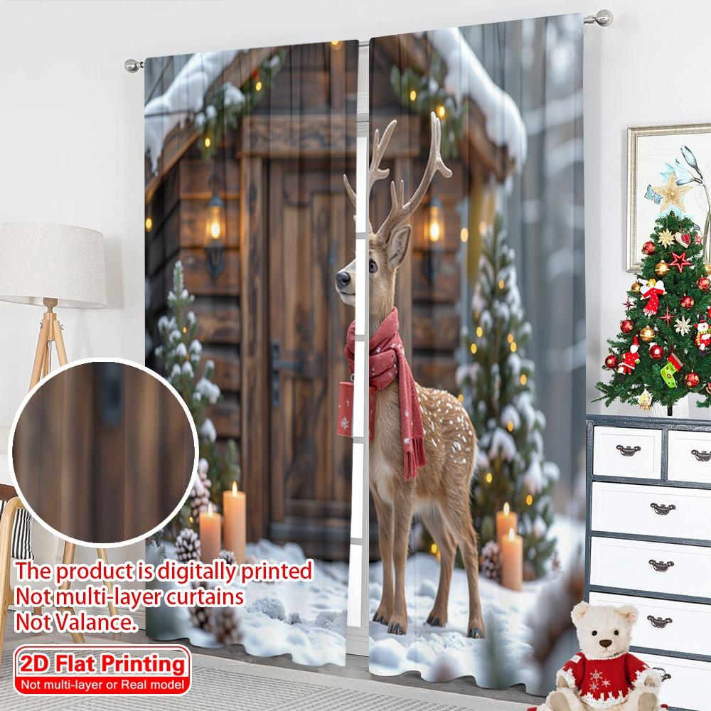 2pcs 2D Flat Printing Merry Christmas Party Curtains Winter Deer Gift Snow Polyester Fabric Without Electricity Festive Wall