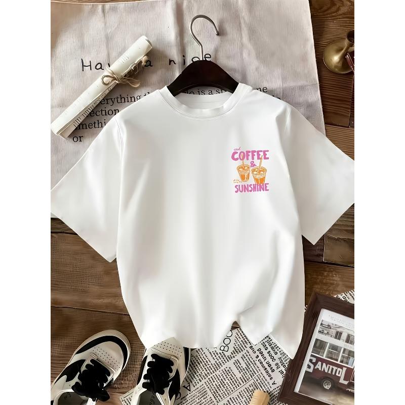 European sizes Front And Back Print Fashion Short Sleeve Summer Essential COFFEE Print Round Neck Girls' Casual Top - Clothing, Comfortable Fit