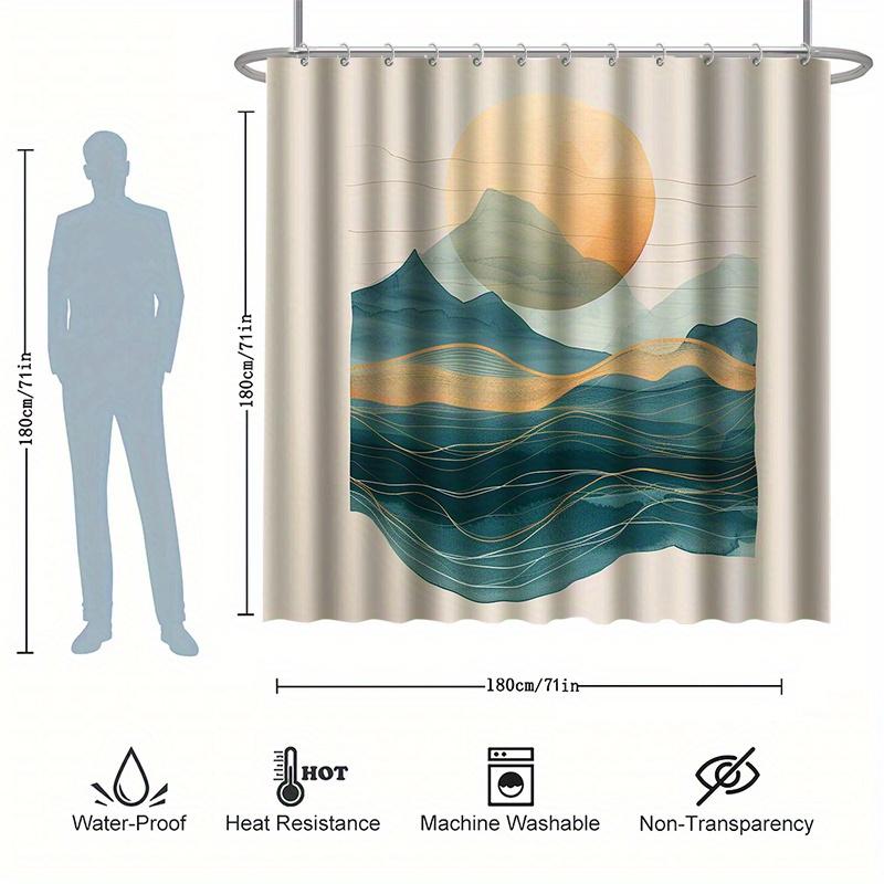 Modern Landscape Bathroom Set - Mountain River Sunshine Shower Curtain, Polyester, With 12 Hooks, Non-Slip Mat, Machine Washable