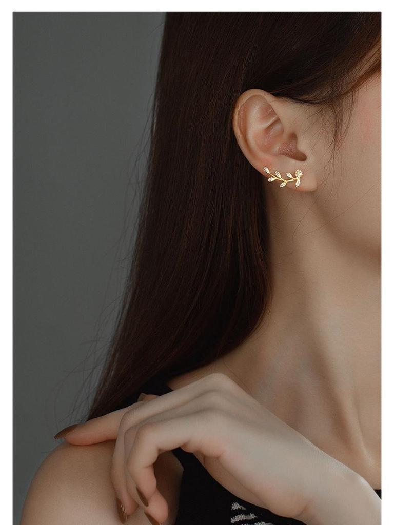 Banyan Tree S925 Silver Olive Branch Leaf Zircon Ear Hooks - Cold Style Summer Earrings for Women