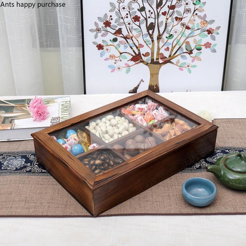 Wooden Dried Fruit Snack Plate with Cover Snack Box Nut Dried Fruit Plate Candy Box Snack Storage Boxes Home Storage Organizer