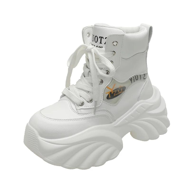 

Fashion 8CM Autumn High Top Women Sneakers Lace-up Winter Warm Leather Ankle Boots Casual Canvas Shoes Thick Bottom Fashion Short Boots 35 белый