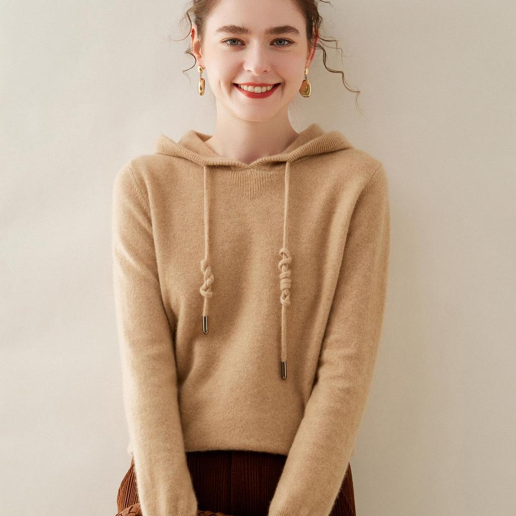 Women's Cashmere Hoodie: Solid Color Loose Slimming Pullover Knit Sweater for Autumn/Winter Outerwear