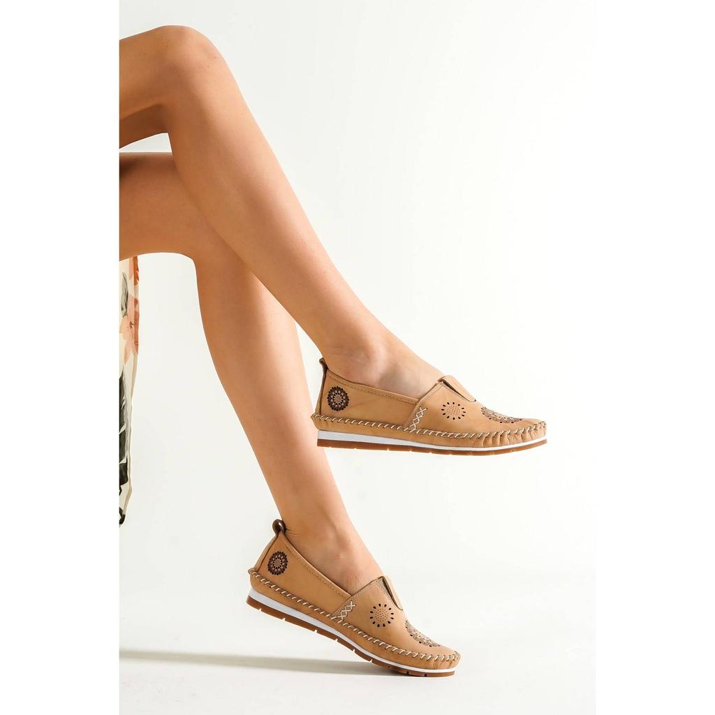 Damenmode Echtleder New Beige Leder Flats Freizeitschuhe