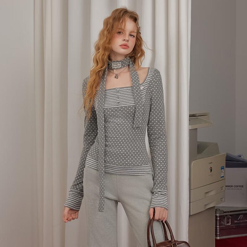 UNIFREE Women's Plus Size Y2K Polka Dot Stripe Long Sleeve T-shirt