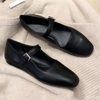 Moda Primavera verão novo preto bico quadrado fivela com sola plana sapato único simples confortável leve versátil sapatos femininos