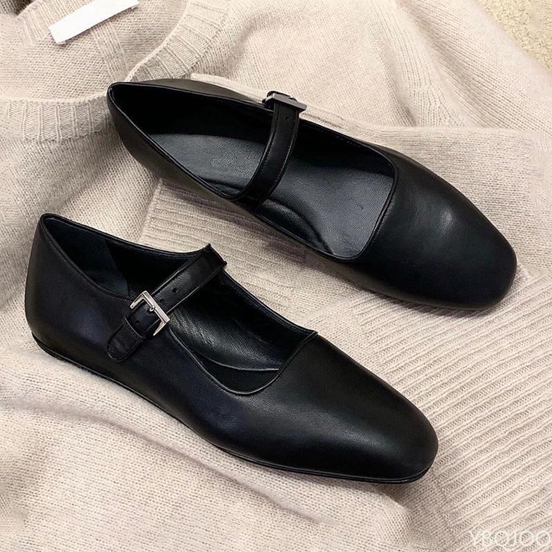 Fashion Spring Summer New Black Square Toe Buckle with Flat Bottom Single Shoe Simple Comfortable Lightweight Versatile Women's Shoes
