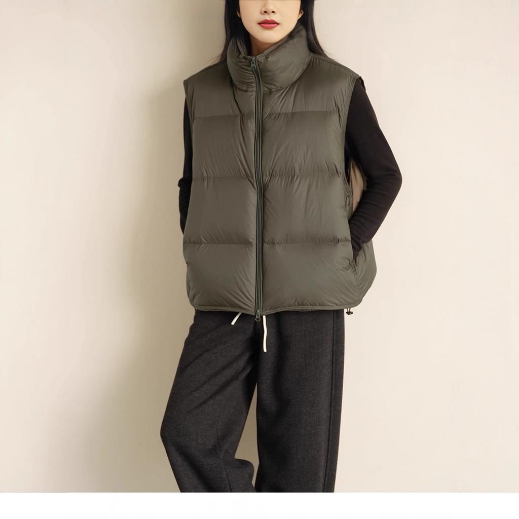 White duck down double-ended zipper sleeveless trendy drawstring pine needle green down vest women's new winter new