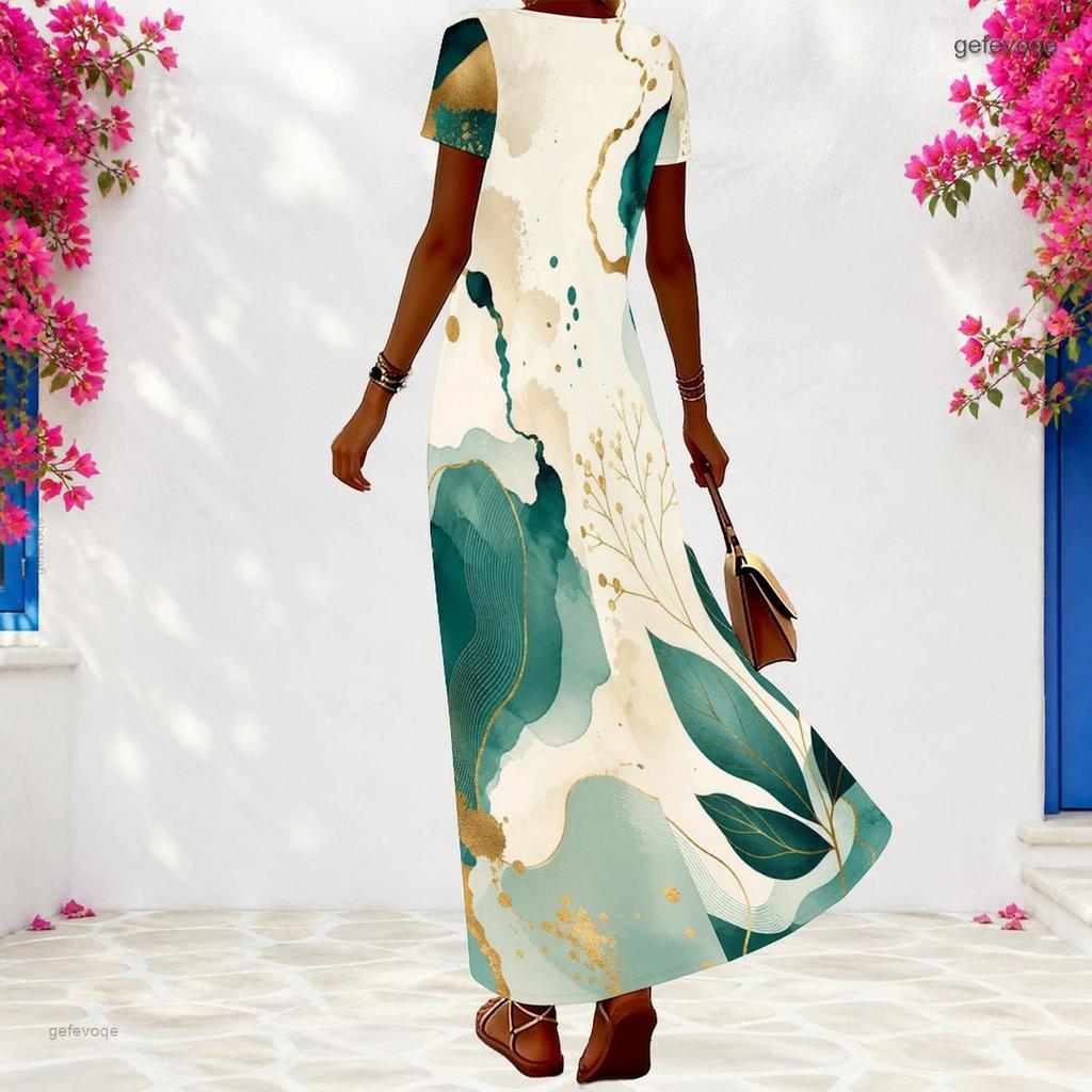 Women Plus Size V Neck Short Sleeve Abstract Leaf Print Long Dress