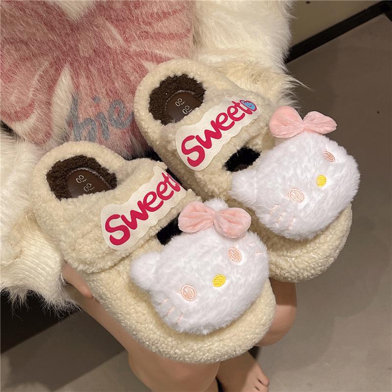 Cartoon niedliche Kai Katze flauschige Hausschuhe Damen 2025 Herbst und Winter neu dicksohlige rutschfeste Hausschuhe mit Zehenkappe aus Baumwolle