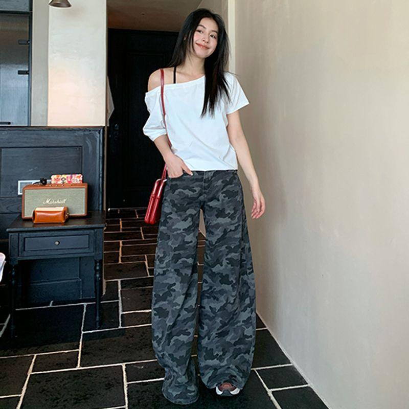 

Loose Pants Women s Summer American Retro Small Sexy Camouflage Print High Waist Straight-leg Loose Casual Sickle Pants Fan Color pants 156-165 XL