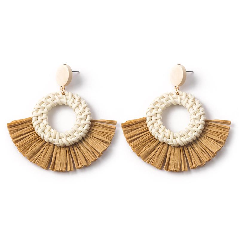 Hand-Woven Geometric Rattan Raffia Earrings, Retro Resort Fan Stud Earrings, Earrings For Women