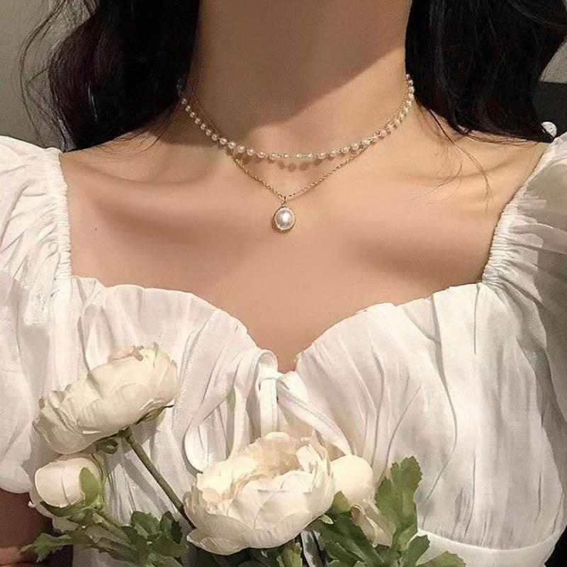 Kpop Pearl Pendant Necklace Gold Tone Layered Chain Choker Woman Egirl Bridesmaid Giveaway Gift Idea Dainty Angel Pendant Necklace Collares Mujer
