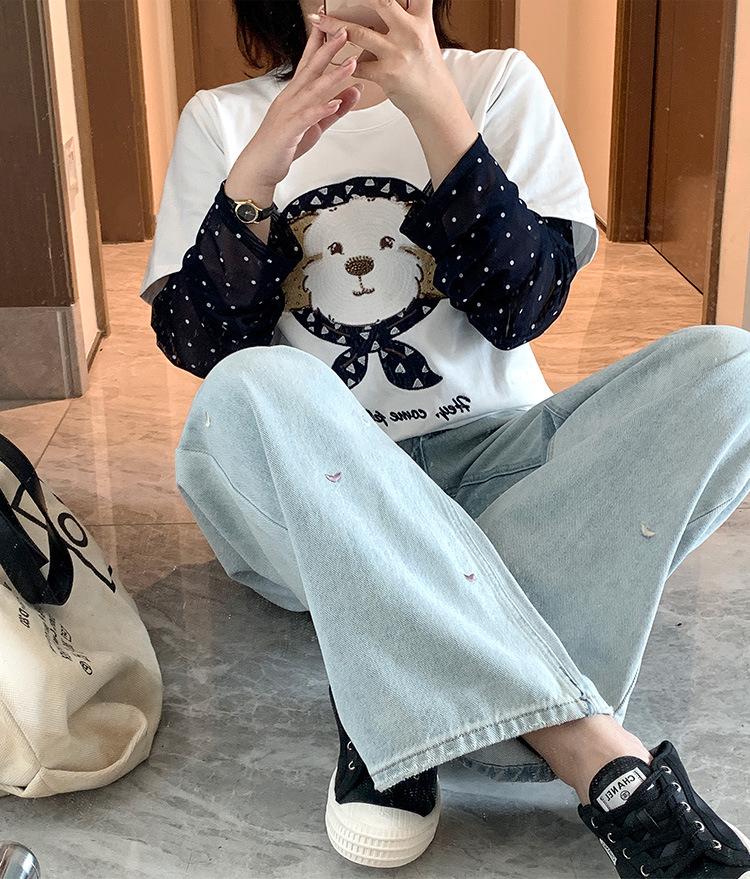Shuangtian 2026 Plus Size Women's T-Shirt with Mesh Sleeves & Cartoon Embroidery