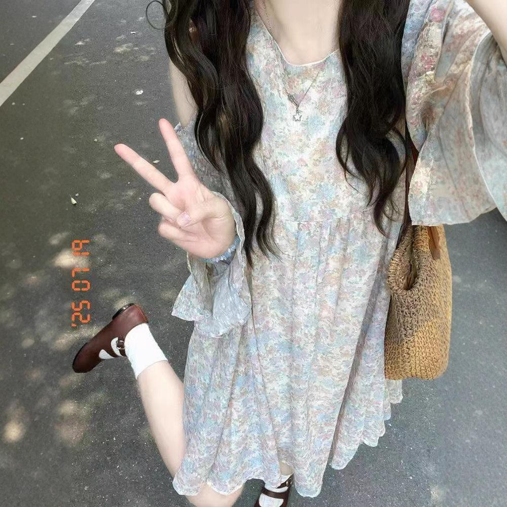 Japanese pure desire style floral design feeling off-the-shoulder dress women's French loose and thin temperament wear short skirt