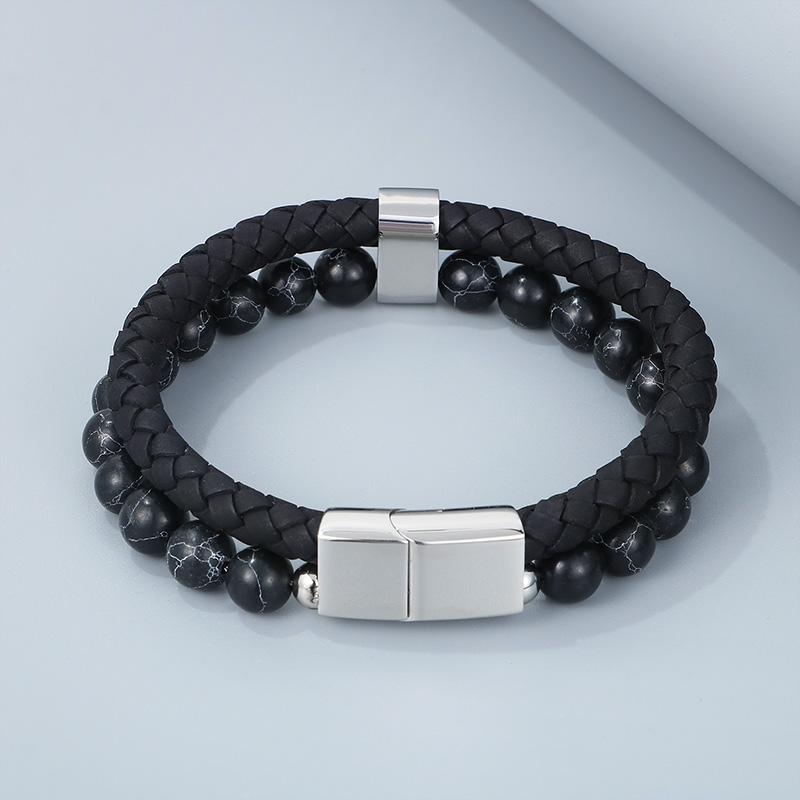 KALEN 210mm Men Mature Stainless Steel Beads&Cowhide Leather Bracelet 21cm&Mature