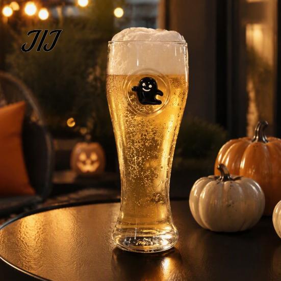 Handheld Slimming Shape Cup 400ML Beer Glass, Spooky Pumpkin Ghost Black Cat Halloween Sturdy High Transparency Glass Cup, Holiday Tall Glassware for