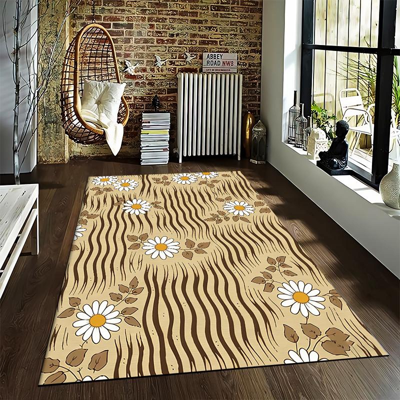 Floral Pattern Carpet with Daisy Design and Beige Background, Home Decor Suitable for use as an anti-slip for living room bedroom sofas