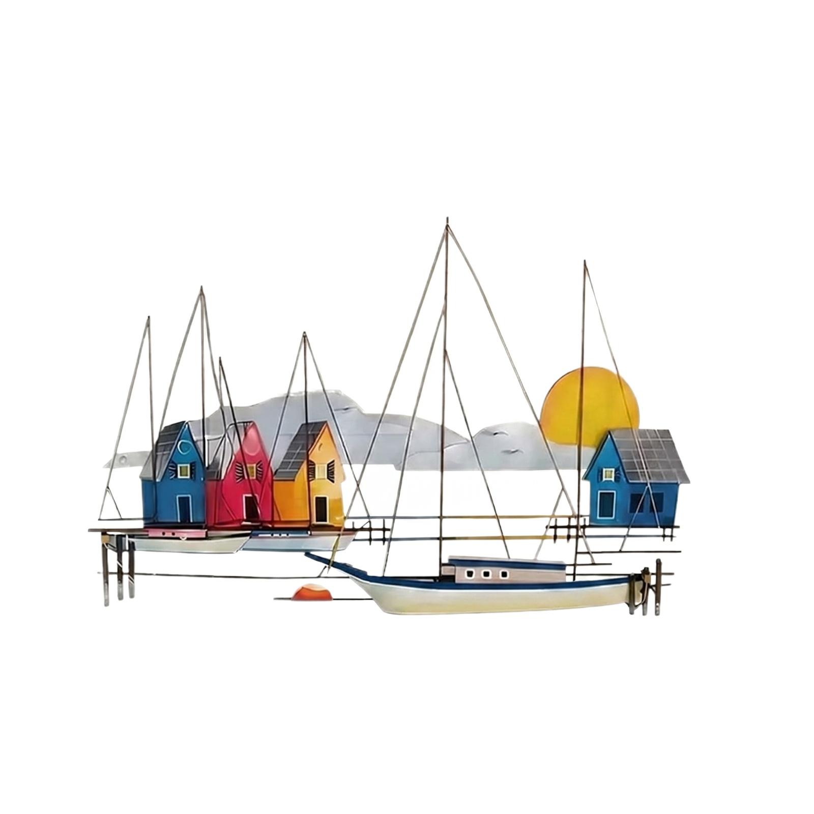 

Metal Wall Art Sculpture Fishing Boat Scene Handmade Iron Craft Decorative Silhouette for Indoor Outdoor Wall Hanging Home Ornament one size