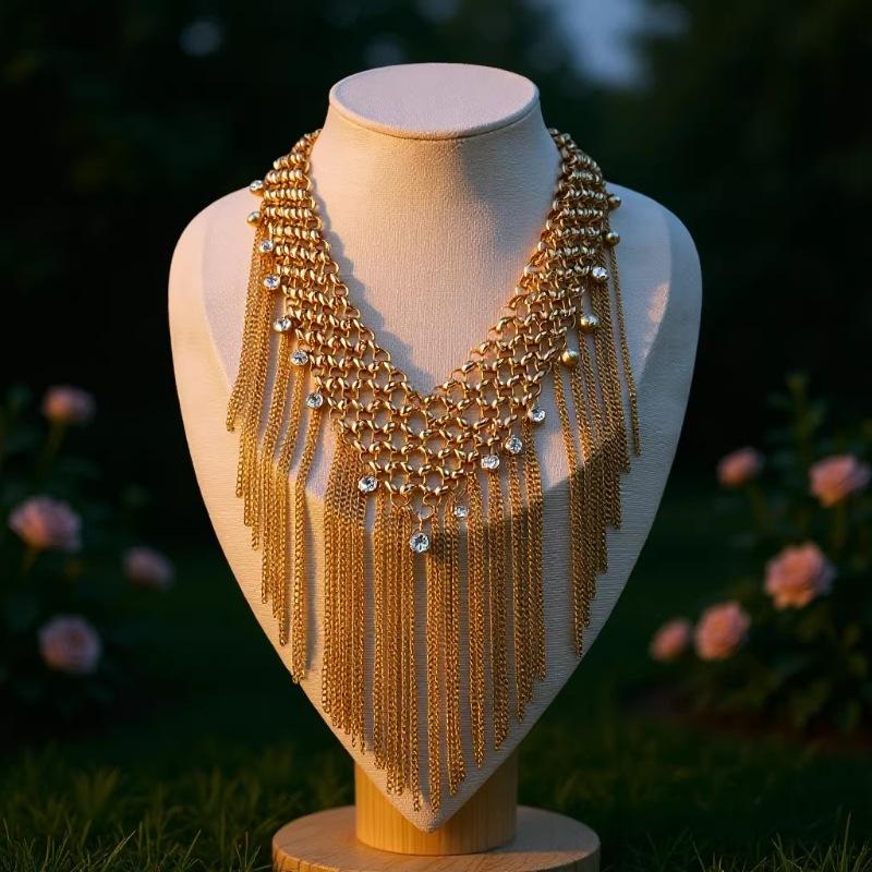 

European and American exaggerated short collarbone chain, ins personalized tassel with diamond V-shaped woven metal necklace, party party party золотий