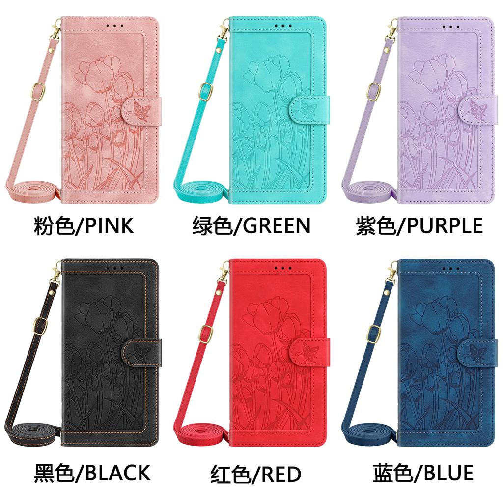Crossbody Tulip Cards Solt Wallet Flip Leather Phone Case for iPhone 17 Pro Max 16 Plus 15 14 13 12 Long Lanyard kickstand Cover