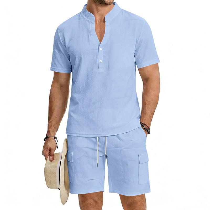 Spring and Summer New Men's Casual Henry Shirt Top Shorts Sports Suit