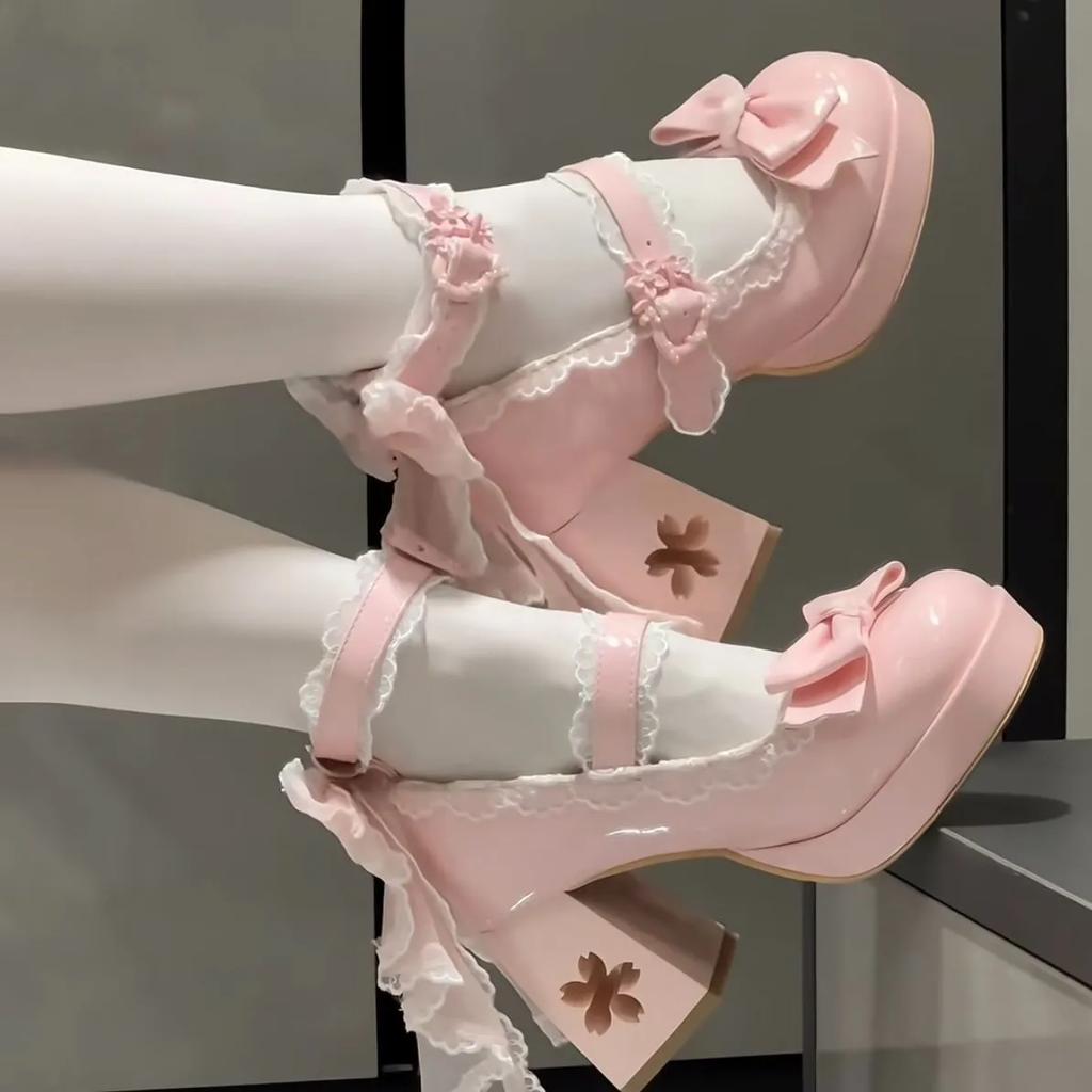 Adorabili Scarpe con Tacco Alto e Plateau Rosa Lolita con Fiocco a Farfalla per Ragazze e Donne, Carini Mary Jane con Abito Sakura