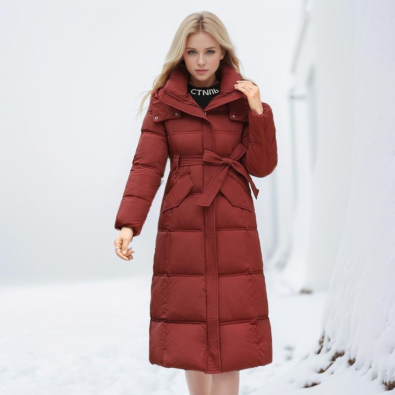 2024 Winter Women's Long Cotton Jacket Female Long Belt Over-the-knee Parkas Coats Women High Collar Hooded Warm Outerwear
